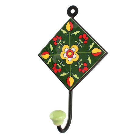 Forest Green Tiny Flower Ceramic Tile Hook